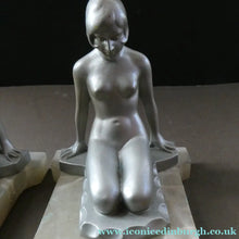 Load image into Gallery viewer, Frankart Cast Metal 1920s Art Deco Nude Ladies Bookends. Alabaster Base
