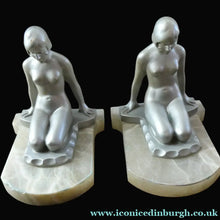 Load image into Gallery viewer, Frankart Cast Metal 1920s Art Deco Nude Ladies Bookends. Alabaster Base
