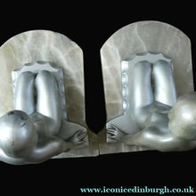 Load image into Gallery viewer, Frankart Cast Metal 1920s Art Deco Nude Ladies Bookends. Alabaster Base

