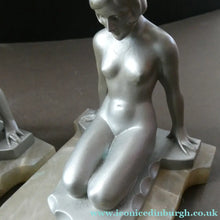 Load image into Gallery viewer, Frankart Cast Metal 1920s Art Deco Nude Ladies Bookends. Alabaster Base
