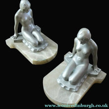 Load image into Gallery viewer, Frankart Cast Metal 1920s Art Deco Nude Ladies Bookends. Alabaster Base
