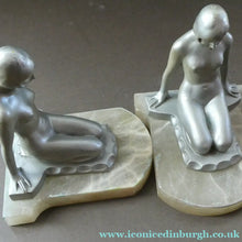 Load image into Gallery viewer, Frankart Cast Metal 1920s Art Deco Nude Ladies Bookends. Alabaster Base
