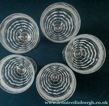 Load image into Gallery viewer, 1930s ART DECO Stuart Crystal FIVE Wine Glasses. With Cut Oval Facets and Engraved Fan Fringe Pattern. Height 4 1/2 inches
