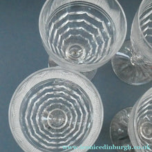 Load image into Gallery viewer, 1930s ART DECO Stuart Crystal FIVE Wine Glasses. With Cut Oval Facets and Engraved Fan Fringe Pattern. Height 4 1/2 inches
