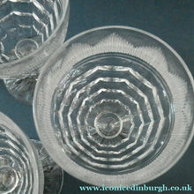 Load image into Gallery viewer, 1930s ART DECO Stuart Crystal FIVE Wine Glasses. With Cut Oval Facets and Engraved Fan Fringe Pattern. Height 4 1/2 inches
