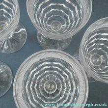 Load image into Gallery viewer, 1930s ART DECO Stuart Crystal FIVE Wine Glasses. With Cut Oval Facets and Engraved Fan Fringe Pattern. Height 4 1/2 inches
