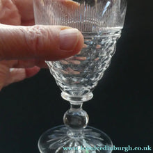Load image into Gallery viewer, 1930s ART DECO Stuart Crystal FIVE Wine Glasses. With Cut Oval Facets and Engraved Fan Fringe Pattern. Height 4 1/2 inches
