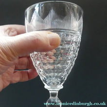 Load image into Gallery viewer, 1930s ART DECO Stuart Crystal FOUR Wine Glasses. With Cut Oval Facets and Engraved Fan Fringe Pattern. Height 5 3/8 inches
