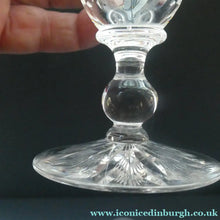 Load image into Gallery viewer, 1930s ART DECO Stuart Crystal FOUR Wine Glasses. With Cut Oval Facets and Engraved Fan Fringe Pattern. Height 5 3/8 inches
