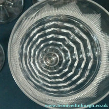 Load image into Gallery viewer, 1930s ART DECO Stuart Crystal FOUR Wine Glasses. With Cut Oval Facets and Engraved Fan Fringe Pattern. Height 5 3/8 inches
