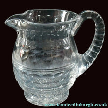 Load image into Gallery viewer, 1930s ART DECO Stuart Crystal Lemonade or Water Jug. With Cut Oval Facets and Engraved Fan Fringe Pattern. Height 6 inches
