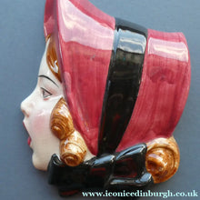 Load image into Gallery viewer, 1930s ART DECO Wall Mask by Cope &amp; Co. Girl with Dark Pink Bonnet and Black Ribbon
