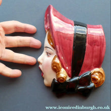 Load image into Gallery viewer, 1930s ART DECO Wall Mask by Cope &amp; Co. Girl with Dark Pink Bonnet and Black Ribbon
