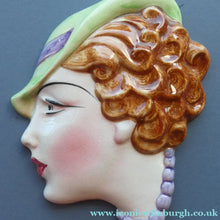 Load image into Gallery viewer, 1930s ART DECO Wall Mask by Cope &amp; Co. Art Deco Lady with Green Bonnet and Lilac Beads
