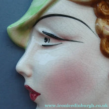 Load image into Gallery viewer, 1930s ART DECO Wall Mask by Cope &amp; Co. Art Deco Lady with Green Bonnet and Lilac Beads
