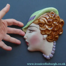 Load image into Gallery viewer, 1930s ART DECO Wall Mask by Cope &amp; Co. Art Deco Lady with Green Bonnet and Lilac Beads - British Ceramics
