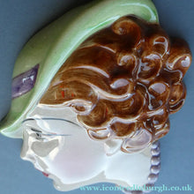 Load image into Gallery viewer, 1930s ART DECO Wall Mask by Cope &amp; Co. Art Deco Lady with Green Bonnet and Lilac Beads
