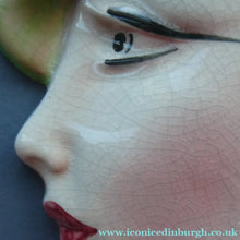 Load image into Gallery viewer, 1930s ART DECO Wall Mask by Cope &amp; Co. Art Deco Lady with Green Bonnet and Lilac Beads
