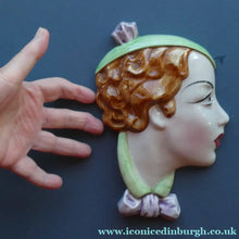 Load image into Gallery viewer, 1930s ART DECO Wall Mask by Cope &amp; Co. Art Deco Lady with Green Bonnet and Matching Green Jumper with Bow
