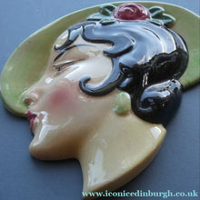 Load image into Gallery viewer, 1930s ART DECO Wall Mask by Cope &amp; Co. Art Deco Lady with Green Bonnet with Pink Flower. Black Hair - British Ceramics
