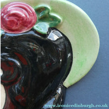 Load image into Gallery viewer, 1930s ART DECO Wall Mask by Cope &amp; Co. Art Deco Lady with Green Bonnet with Pink Flower. Black Hair

