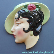 Load image into Gallery viewer, 1930s ART DECO Wall Mask by Cope &amp; Co. Art Deco Lady with Green Bonnet with Pink Flower. Black Hair
