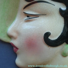 Load image into Gallery viewer, 1930s ART DECO Wall Mask by Cope &amp; Co. Art Deco Lady with Green Bonnet with Pink Flower. Black Hair
