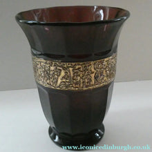 Load image into Gallery viewer, Vintage 1930s August Walther &amp; Sohne Amethyst Faceted Glass Vase with Gilt Band. The Grape Washers
