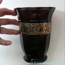 Load image into Gallery viewer, Vintage 1930s August Walther &amp; Sohne Amethyst Faceted Glass Vase with Gilt Band. The Grape Washers
