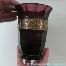 Load image into Gallery viewer, Vintage 1930s August Walther &amp; Sohne Amethyst Faceted Glass Vase with Gilt Band. The Grape Washers
