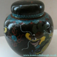 Load image into Gallery viewer, Vintage Chinese Cloisonne Lidded Ginger Jar Featuring Two Dragons Chasing a Flaming Pearl
