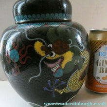 Load image into Gallery viewer, Vintage Chinese Cloisonne Lidded Ginger Jar Featuring Two Dragons Chasing a Flaming Pearl
