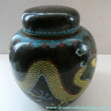 Load image into Gallery viewer, Vintage Chinese Cloisonne Lidded Ginger Jar Featuring Two Dragons Chasing a Flaming Pearl
