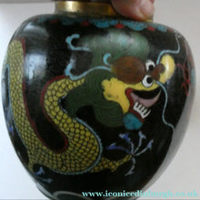 Load image into Gallery viewer, Vintage Chinese Cloisonne Lidded Ginger Jar Featuring Two Dragons Chasing a Flaming Pearl
