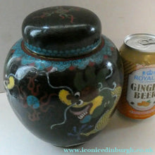 Load image into Gallery viewer, Vintage Chinese Cloisonne Lidded Ginger Jar Featuring Two Dragons Chasing a Flaming Pearl
