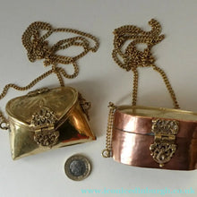 Load image into Gallery viewer, Collectable PAIR of Vintage 1930s Indian Brass and Copper Hanging Pillow Shape Purses
