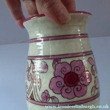 Load image into Gallery viewer, 1930s CROWN DUCAL Vase. Charlotte Rhead Design with Pink Tube Lined Flowers on a Mottle Grey Ground
