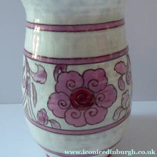 Load image into Gallery viewer, 1930s CROWN DUCAL Vase. Charlotte Rhead Design with Pink Tube Lined Flowers on a Mottle Grey Ground
