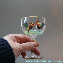 Load image into Gallery viewer, Vintage 1930s Glass Cockerel / Rooster SET OF FIVE Miniature Glasses. Rare Cock Fighting Images 
