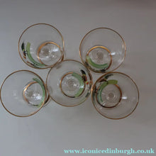 Load image into Gallery viewer, Vintage 1930s Glass Cockerel / Rooster SET OF FIVE Miniature Glasses. Rare Cock Fighting Images 
