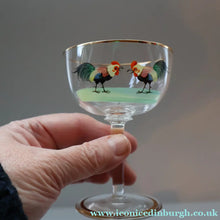 Load image into Gallery viewer, Vintage 1930s Glass Cockerel / Rooster SET OF FIVE Miniature Glasses. Rare Cock Fighting Images 
