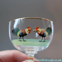 Load image into Gallery viewer, Vintage 1930s Glass Cockerel / Rooster SET OF FIVE Miniature Glasses. Rare Cock Fighting Images 
