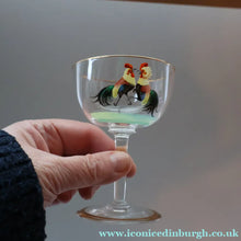Load image into Gallery viewer, Vintage 1930s Glass Cockerel / Rooster SET OF FIVE Miniature Glasses. Rare Cock Fighting Images 
