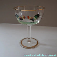Load image into Gallery viewer, Vintage 1930s Glass Cockerel / Rooster SET OF FIVE Miniature Glasses. Rare Cock Fighting Images 
