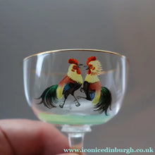 Load image into Gallery viewer, Vintage 1930s Glass Cockerel / Rooster SET OF FIVE Miniature Glasses. Rare Cock Fighting Images 
