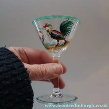 Load image into Gallery viewer, Vintage 1930s Glass Cockerel / Rooster SET OF FIVE Miniature Glasses. Rare Cock Fighting Images 
