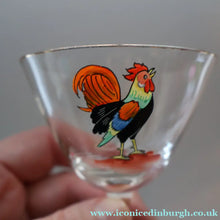 Load image into Gallery viewer, Vintage 1930s Glass Cockerel / Rooster SET OF FIVE Miniature Glasses. Rare Cock Fighting Images 
