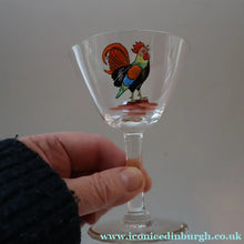 Load image into Gallery viewer, Vintage 1930s Glass Cockerel / Rooster SET OF FIVE Miniature Glasses. Rare Cock Fighting Images 

