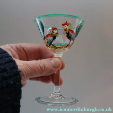 Load image into Gallery viewer, Vintage 1930s Glass Cockerel / Rooster SET OF FIVE Miniature Glasses. Rare Cock Fighting Images 
