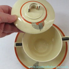 Load image into Gallery viewer, Royal Doulton 1930s Art Deco Royal Tango Lidded Cup and Saucer
